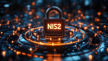 Futuristic digital padlock glowing orange with 'NIS2' text surrounded by circular high-tech circuit patterns on dark blue background symbolizing cybersecurity and data protection