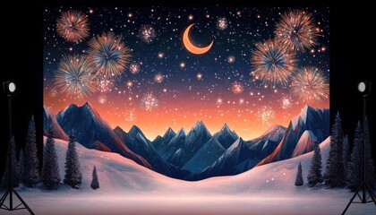 Snowy mountain landscape at dusk with a crescent moon, stars, and colorful fireworks lighting up the sky, surrounded by pine trees and illuminated by spotlights
