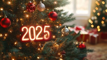 Festively decorated Christmas tree with glowing 2025 sign and red and silver baubles surrounded by warm ambient lights and blurred background with gifts