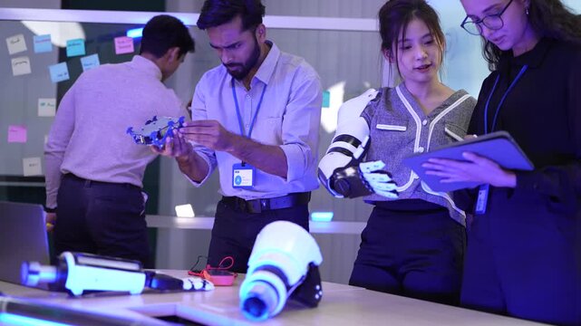 A university professor instructs biomechanical engineering students on a myoelectric prosthetic arm. They are calibrating the hardware and analyzing performance data in a robotics lab.