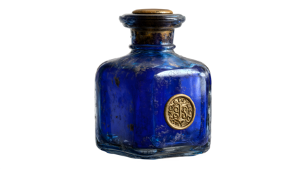 A dusty, old potion bottle with a wax seal, containing a thick, shimmering potion of deep sapphire blue. isolated on white background--no text, watermark