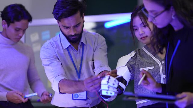 A diverse team of students or inventors works on futuristic robot arms in a high-tech lab. They are learning how to build and control the amazing new technology together.