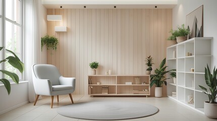 Fototapeta premium a serene and minimalist living room with a light, airy feel. Include a soft, light grey armchair with wooden legs placed on a cozy round rug 