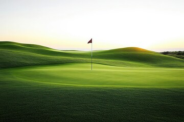 Tranquil golf course green surrounded by smooth rolling hills with a single red flag under a soft, clear sky at sunrise or sunset