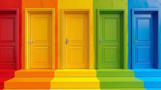 Row of colorful rainbow doors symbolizing choices and possibilities