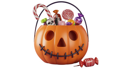 Bursting with sweet Halloween joy, a cheerful jack-o'-lantern bucket overflows with colorful candies and festive treats, perfect for trick-or-treat celebrations and spooky season promotions.