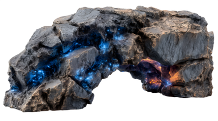 A large, cracked stone archway with glowing blue runes carved into the rock, leading to a vibrant, fantastical landscape. isolated on white background--no text, watermark