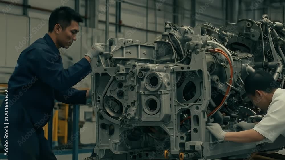 Poster realistic video of engineers assembling a machine
