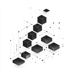 Abstract geometric composition of black 3D cubes connected by thin lines and dots on a white background, creating a structured and technological visual