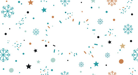 Whimsical winter wonderland celebration with falling snowflakes confetti stars and dots pattern