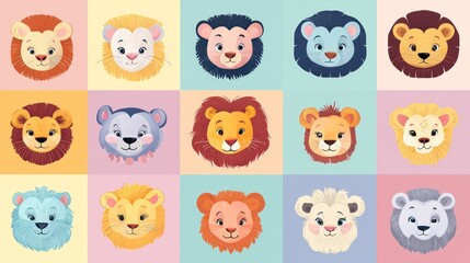 Obraz premium Cute lion faces, diverse colors, kids' design, grid background, graphic illustration, print, cartoon, poster, children's room decor