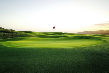 Sunlit golf course putting green with red flag on a gently rolling landscape at sunrise or sunset