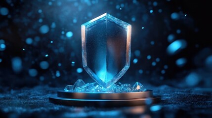A glowing translucent crystalline shield standing on a circular pedestal surrounded by smaller crystal fragments in a dark, moody atmosphere with blue lighting and floating particles