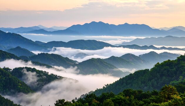 Misty mountain range at dawn
