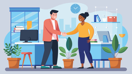 Two people shaking hands in an office environment scene