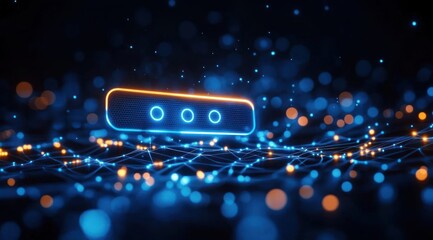 Glowing digital network grid with interconnected blue and orange nodes and a floating illuminated rectangular interface with three circular icons in a futuristic dark space
