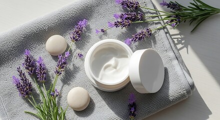 Aromatic skincare product presentation with lavender for wellness routine