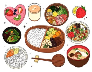 Colorful assortment of healthy bento boxes
