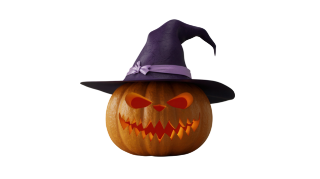 Spooky glowing jack-o'-lantern with witch hat casting eerie shadows, perfect for Halloween decorations and festive celebrations.
