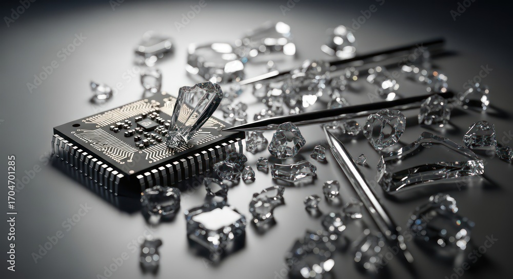 Poster futuristic technology: computer chip embedded with crystalline structures and silver tools