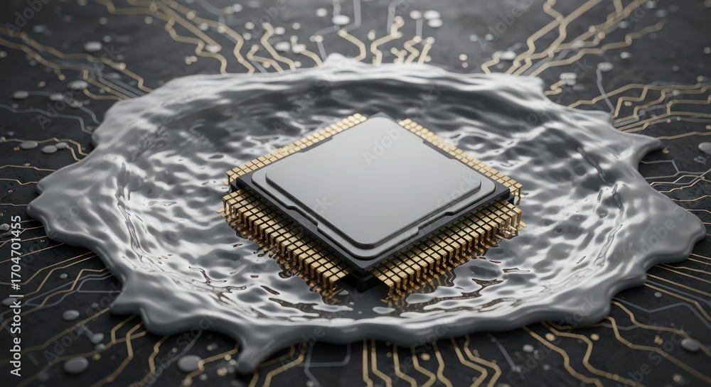 Poster conceptual design displaying a central processing unit embraced by liquid metal aesthetics
