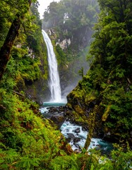 Fototapeta premium Lush waterfall in a misty forest