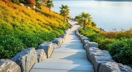 Fototapeta premium Scenic Pathway Through Lush Landscaping.