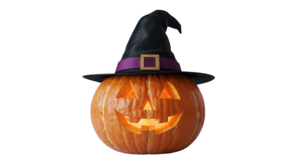 Spooky glowing jack-o'-lantern wearing a witch hat brings festive Halloween fun and magical autumn vibes to your spooky celebrations and autumn decor projects.