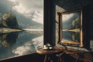 Naklejka premium Gilded Mirror Reflecting Serene Lake Landscape and Cloudy Sky, Beside a Quiet Cup in Dramatic Light.