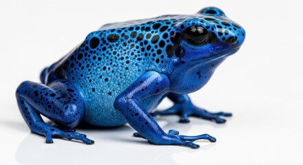 Striking studio shot of a vibrant blue poison dart frog with dark spots poised on a white backdrop