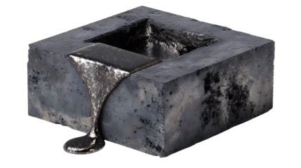 A simple, elegant fountain made of dark stone, with a single stream of shimmering liquid metal flowing from it. isolated on white background ,