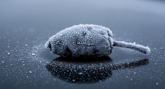 Iced Marisa bean against the dark surface, a display of winter's frosty touch showcasing intricate