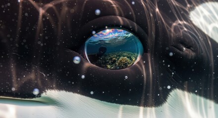 Oceanic reflection in the eye of an orca, showcasing underwater ecosystems beauty and marine life