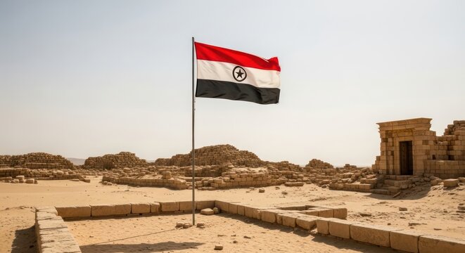 Ancient Nubian Ruins with Flag Waving at Jebel Barkal in the Sudanese Desert Landscape