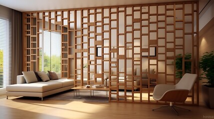 Serene interior featuring a modern wooden room divider and minimalist furniture design