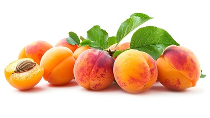 Pile of fresh apricots with leaves on white background