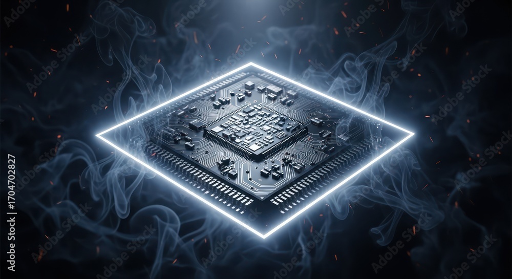 Poster mystical processor unit illuminated against dark smokey background creating a futuristic