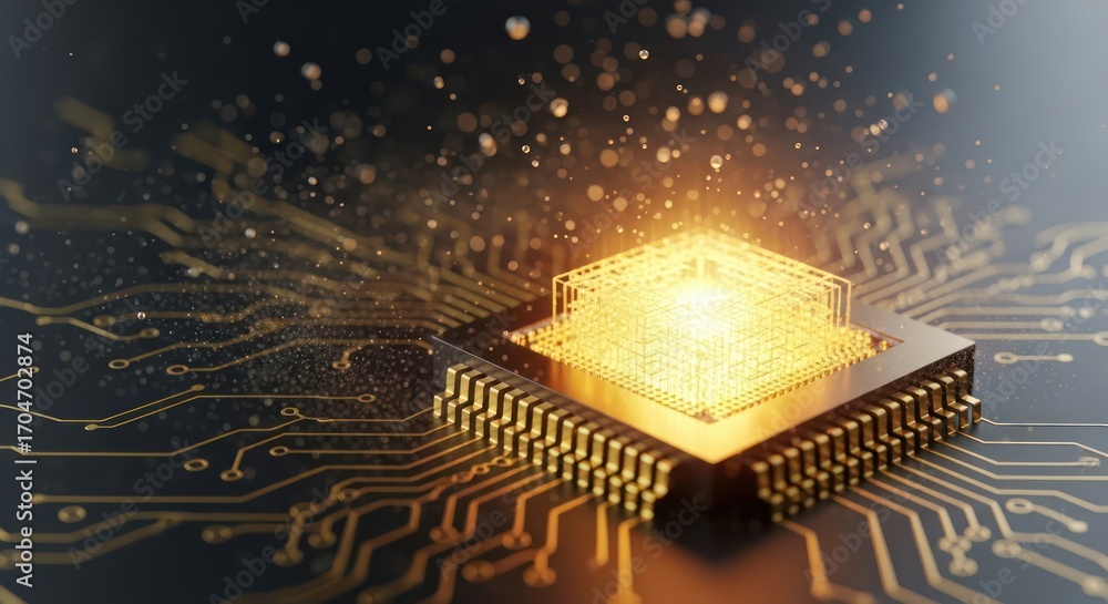 Poster illuminating future of technologies with golden processor and complex circuitry