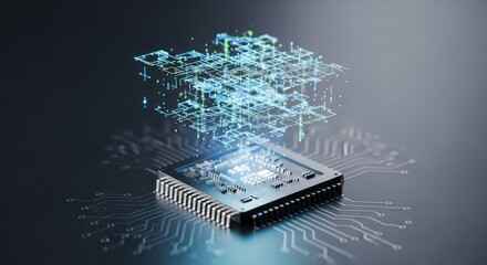 Advanced processor unit with digital grid overlay representing complex computing power and