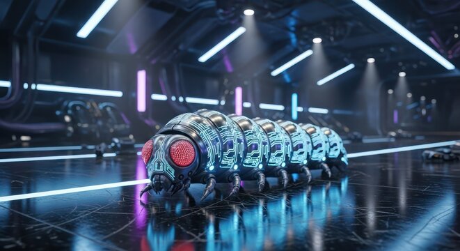 Futuristic robotic centipede in an advanced technological environment with neon illumination and
