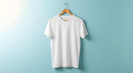 Blank white t-shirt on wooden hanger against blue wall. Soft lighting creates shadows and highlights the fabric's texture. Simple and clean composition.