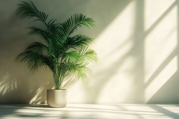 Green leafy potted plant basking in soft natural sunlight casting shadows on a plain wall in a minimalistic indoor setting