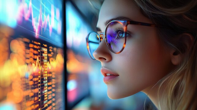 Focused young woman wearing glasses analyzing colorful financial data and stock market charts displayed on multiple digital screens