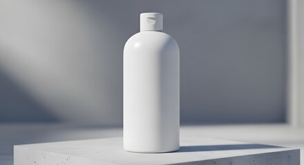 Generic bottle on a concrete block under soft lighting with shadows. Minimalist design presentation. Product mockup against a neutral background. Clean and simple aesthetic.