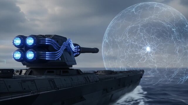 Futuristic Warship Firing Energy Blasts with Protective Force Field on Open Ocean
