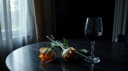 Elegant wine glass and wilting roses on a dark wooden table evoke a mood of quiet reflection and subdued romance.