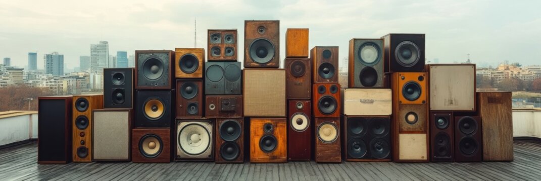 Large collection of various vintage and modern wooden speaker cabinets stacked on an urban rooftop under cloudy sky with city buildings in the background