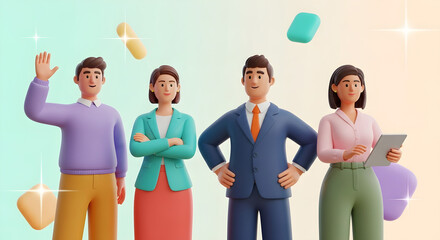Obraz premium 3D rendered illustration of a diverse group of business professionals, smiling and posing for a photo.