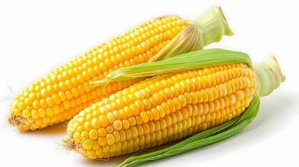 Two ears of fresh corn on a white background