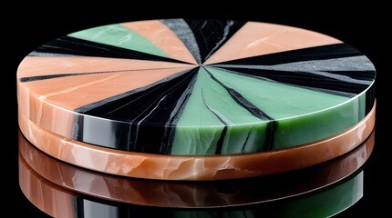  close-up image of a circular arrangement of alternating colorful striped segments, resembling a marble or stone sculpture